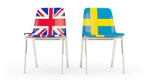 LeoVegas - Two chairs with flags of UK and sweden isolated on white. 3D illustration
