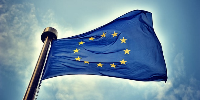 STS - European Union flag on blue sky background