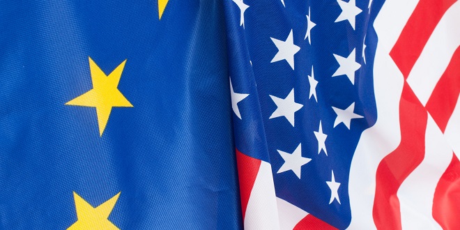 US market - Closeup of Flags of USA and European Union