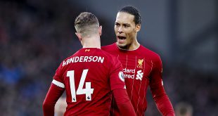 Simulated Reality - Jordan Henderson of Liverpool celebrates with Virgil Van Dijk after scoring the second goal of the game during the Premier League match at Anfield, Liverpool. Picture date: 1st February 2020. Picture credit should read: James Wilson/Sportimage via PA Images