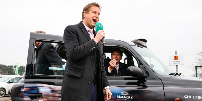 ITV's Ed Chamberlin and Ollie Jackson during filming in a branded Cheltenham Festival taxi during Festival Trials Day at Cheltenham Racecourse.