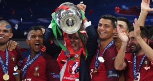 Simulated Reality - Fernando Santos(C), coach of Portugal celebrates with the trophy during the awarding ceremony after winning the Euro 2016 final football match against France in Paris, France, July 10, 2016. Portugal won 1-0.(Xinhua/Guo Yong) (Photo by Xinhua/Sipa USA)