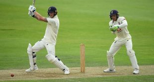 cricket - England's Ben Stokes hits a boundary as Jos Buttler looks on during day two of a Warm Up match at the Ageas Bowl, Southampton.