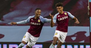 bookies - (201005) -- BIRMINGHAM, Oct. 5, 2020 (Xinhua) -- Aston Villa's Ollie Watkins (R) celebrates after scoring his hat-trick goal during the English Premier League match between Aston Villa and Liverpool at Villa Park in Birmingham, Britain, on Oct. 4, 2020. (Xinhua) FOR EDITORIAL USE ONLY. NOT FOR SALE FOR MARKETING OR ADVERTISING CAMPAIGNS. NO USE WITH UNAUTHORIZED AUDIO, VIDEO, DATA, FIXTURE LISTS, CLUB/LEAGUE LOGOS OR "LIVE" SERVICES. ONLINE IN-MATCH USE LIMITED TO 45 IMAGES, NO VIDEO EMULATION. SUN OUT. NO USE IN BETTING, GAMES OR SINGLE CLUB/LEAGUE/PLAYER PUBLICATIONS.