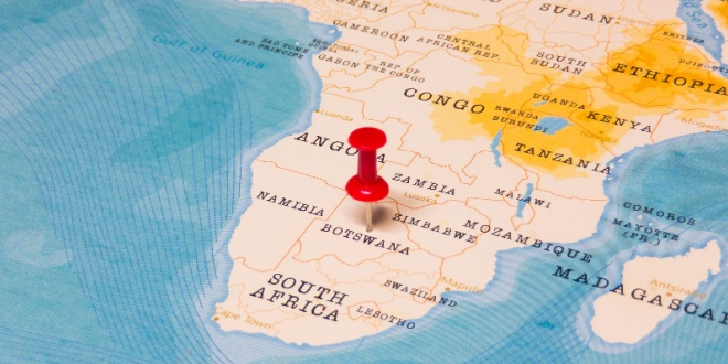 A pin on a map highlighting Botswana