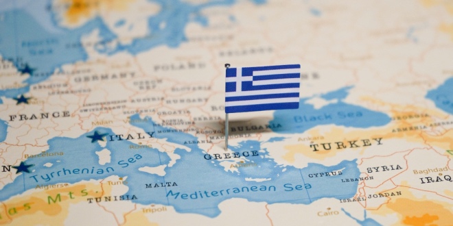 The Greek flag on a map