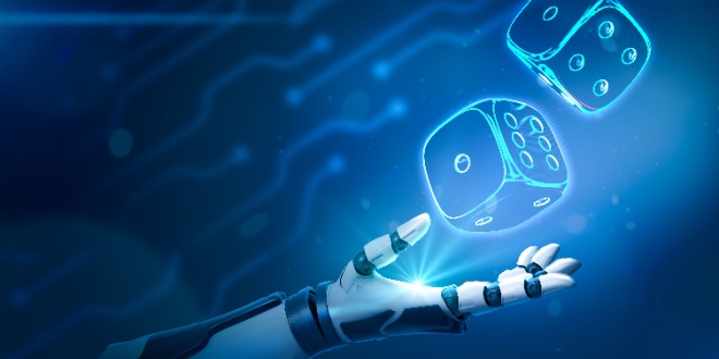 A robot arm throwing two dices.