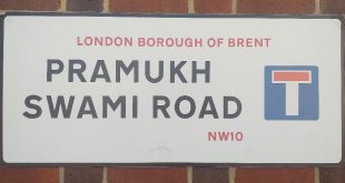 Street sign for Pramukh Swami Road, Brent, London