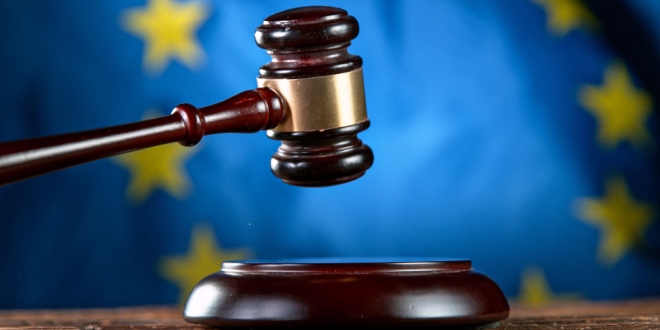 A court hammer with the EU flag in the background