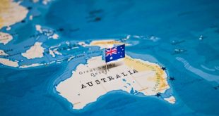 Australia pinned on a map with national flag