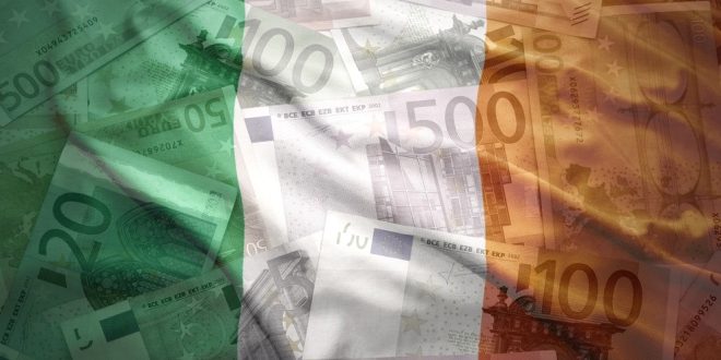 Irish flag with euro banknotes
