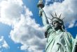 Upwards view of the Statue of Liberty, symbol of the USA, where Polymarket is returning to