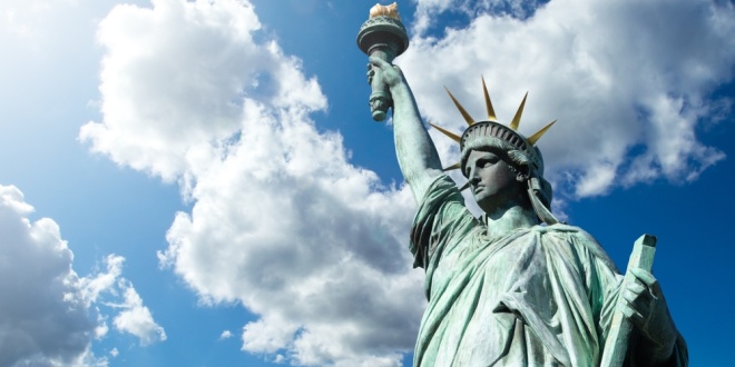 Upwards view of the Statue of Liberty, symbol of the USA, where Polymarket is returning to