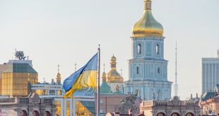 FLag of Ukraine flying over Kyiv