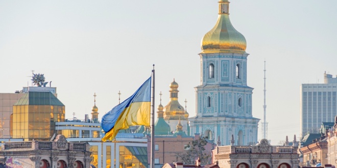 FLag of Ukraine flying over Kyiv