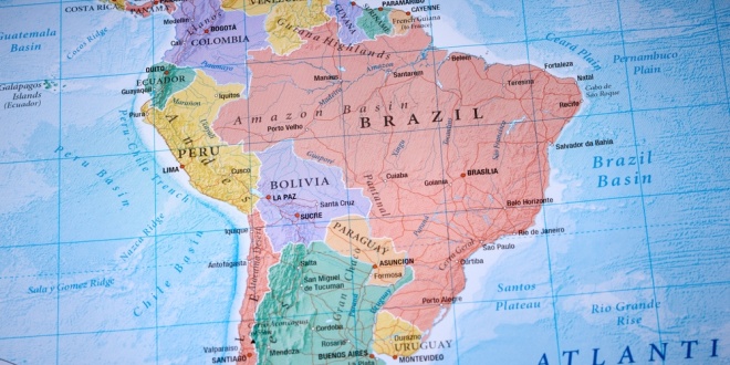 Map of South America featuring Brazil, peru, Columbia, Argentina etc