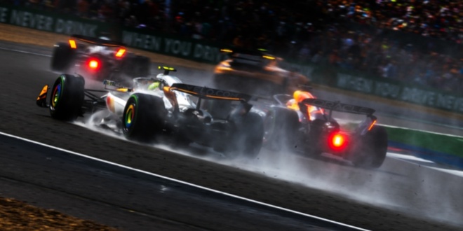Cars racing at Silverstone racecourse, symbolising the race for UK market share involving Entain, Flutter and others