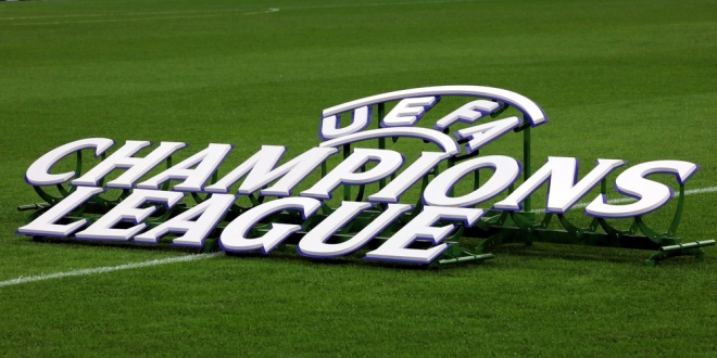 The logo of the UEFA Champions League, of which bet365 is a partner, on the pitch in Milan, Italy