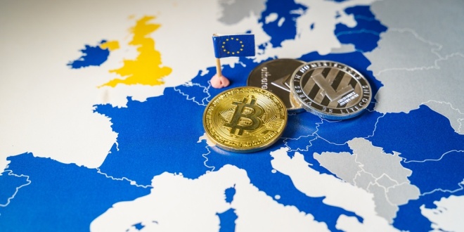 Cryptocurrencies on a map of Europe, indicative of MiCA, which Yolo Group sees as the future for regulated crypto betting