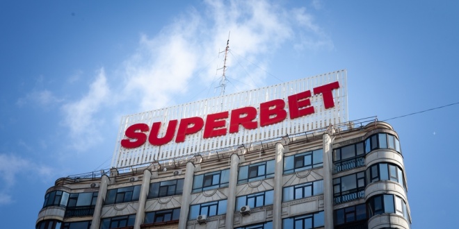SuperBet logo on company HQ in Bucharest, Romania