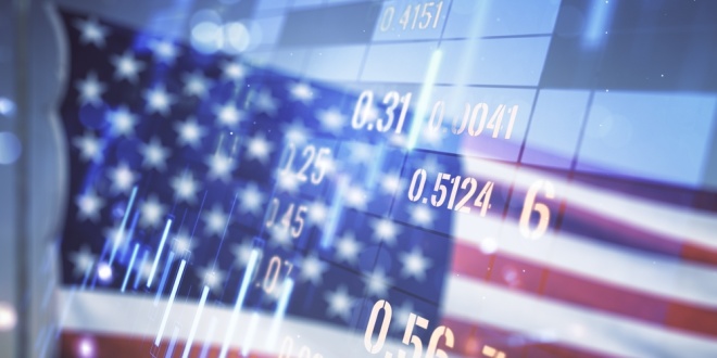 American flag in front of stock market, representing GiG's listing on the OTCQX