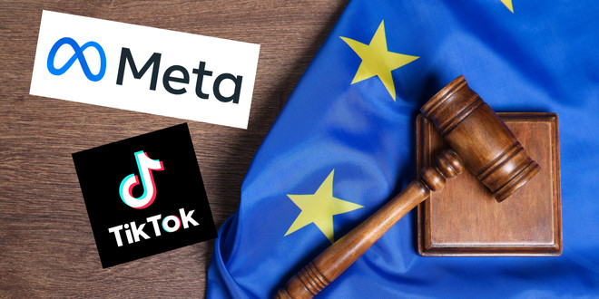 EU flag with Meta and TikTok logos