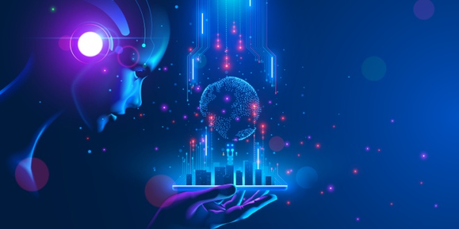 Concept of Artifical Intelligence (AI) showing an AI humanoid looking at a tech planet