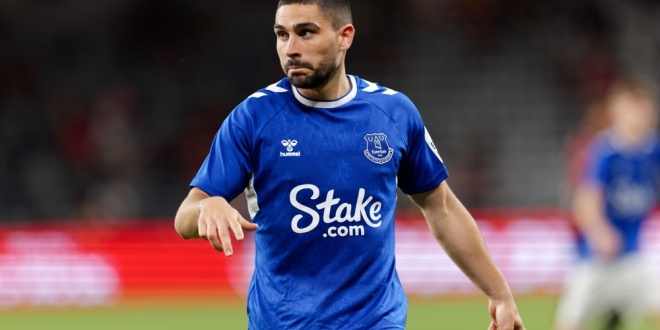 Former Everton FC player Neal Maupay wearing his Stake branded club shirt, a big example of betting football sponsorship in the UK