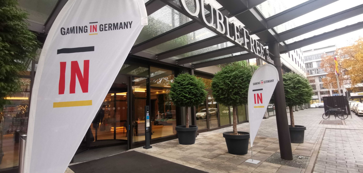 Live from Gaming in Germany 2025 2 Gaming in Germany banners outside the DoubleTree by Hilton Berlin Ku'damm in Berlin