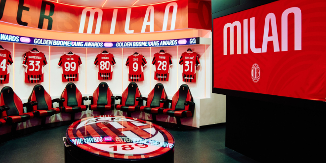 AC Milan's locker room with Boomerang Partners' branding.