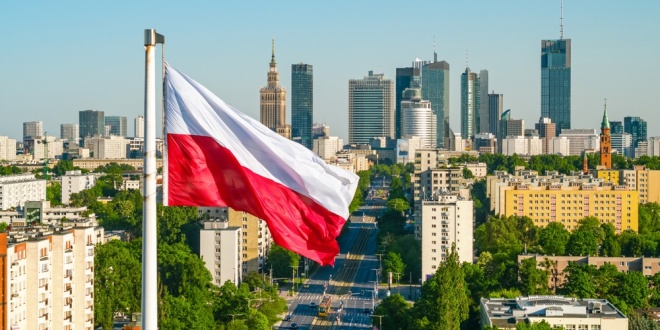 Flag of Poland flying over Warsaw