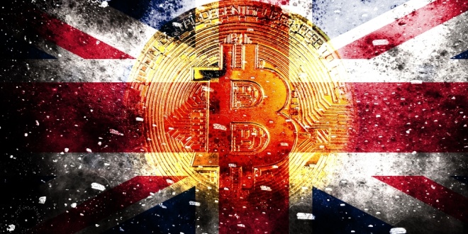 A Bitcoin symbol imposed over the Union Flag, symbolic of crypto and the UK
