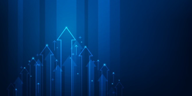 Arrows pointing upwards superimposed over a blue background, symbolising Brazil's market growth