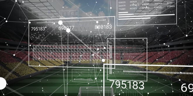 Sports data above a football pitch, representing SOFTSWISS releasing its Sportsbook KPI ebook