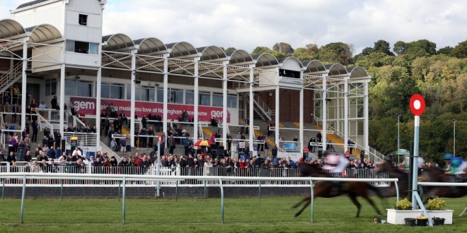 A horse race at Nottingham racecourse with a lack of fans, symnbolising the recent trouble in the industry and the latest saga with Chris Batterham leaving Racing Digital