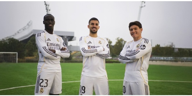 Real Madrid players Ferland Mendy, Dani Ceballos and Fran Garcia celebrating the club's 10 year partnership with Codere Online