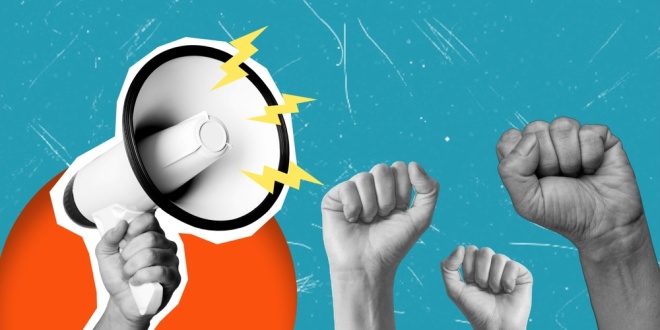 A megaphone and raised fists, symbolising the Finnish iGaming firms' protest against the player protection proposals