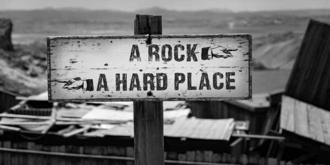 A rock and a hard place, representing the struggle faced by the horse racing industry