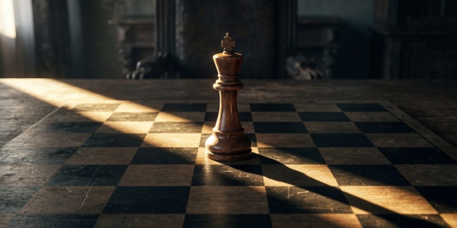 A king chess piece on a board, symbolic of Novibet's strategy