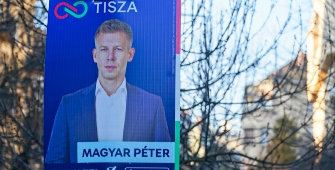 An election poster for Peter Magyar, the new Prime Minister of Hungary