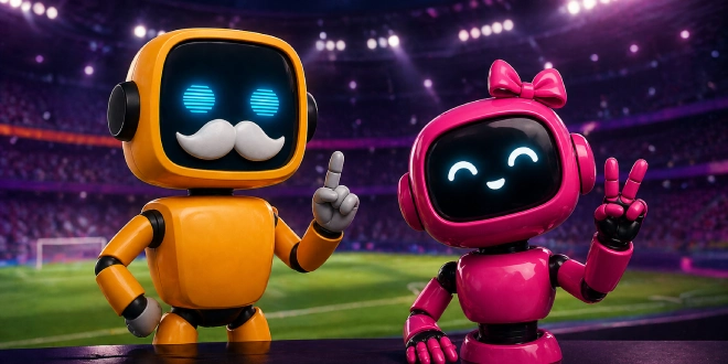 Two robots, illustrating Inplay Matrix' Sister Song and Uncle Boris.