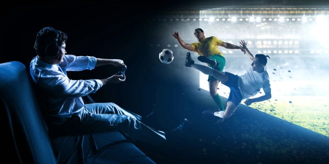 A man playing virtual football to illustrate SIS offering.