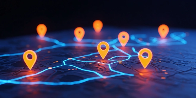 Pins on a map, illustrating solutions from GeoLocs by mkodo.