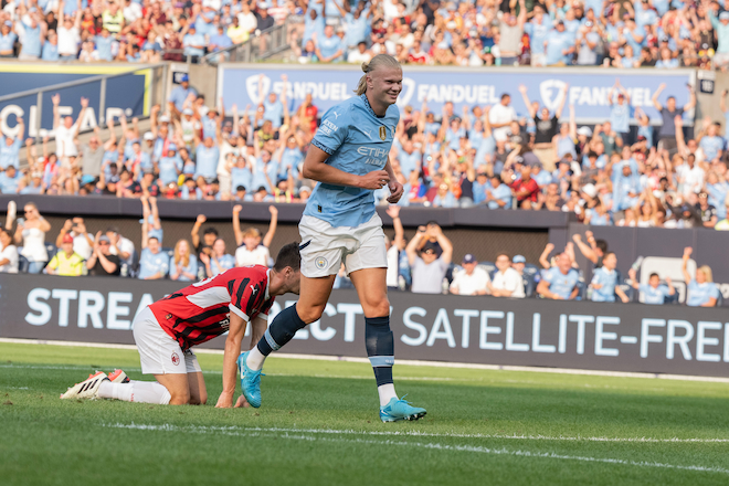 Erling Haaland (9) of Manchester City celebrates scoring goal during friendly match against AC Milan at Yankee Stadium in New York on July 27, 2024. AC Milan won 3 - 2