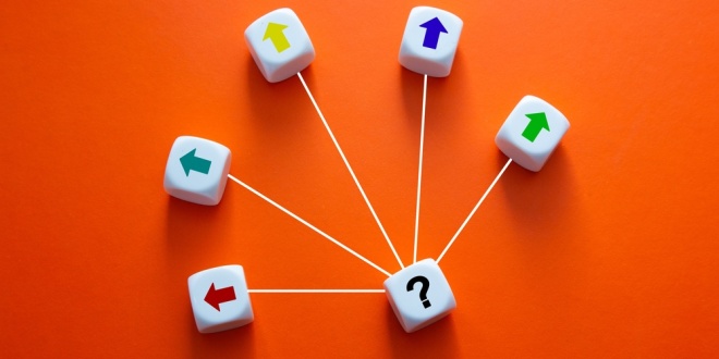 A question mark on a box with arrows leading in all over directions, symbolising the 'all options' being considered against Financial Risk Assessments by the BGC