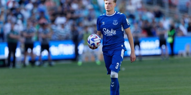 Everton right-back Nathan Patterson during a game in Sydney, Australia, wearing a Stake-branded shirt