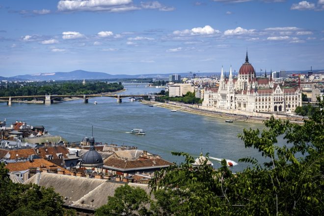 Hungarian Parliament Building (Országház) with Danube river in Budapest, Hungary