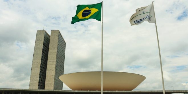 Flag of Brazil flying before the Chamber of Deputies
