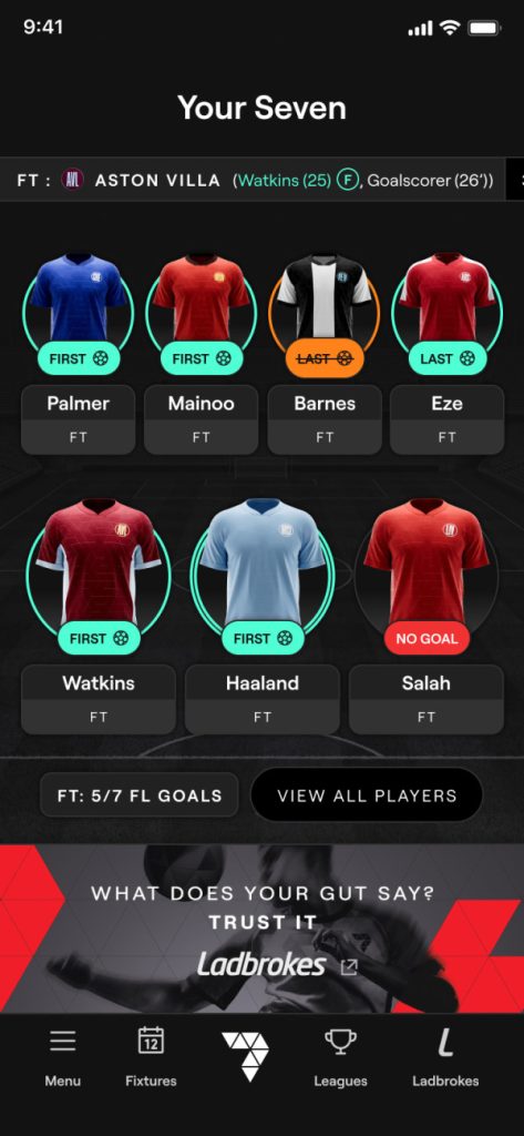 Entain asserts free-to-play app will “become part of football fan’s weekly routine” 2 Screenshot of Entain's Seven product, complete with Ladbrokes branding
