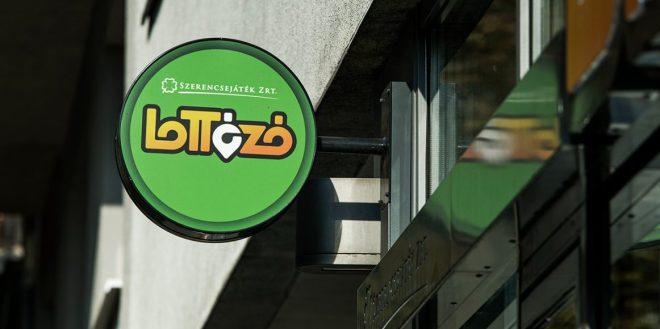 A Szerencsejatek Zrt sign on a Hungarian street